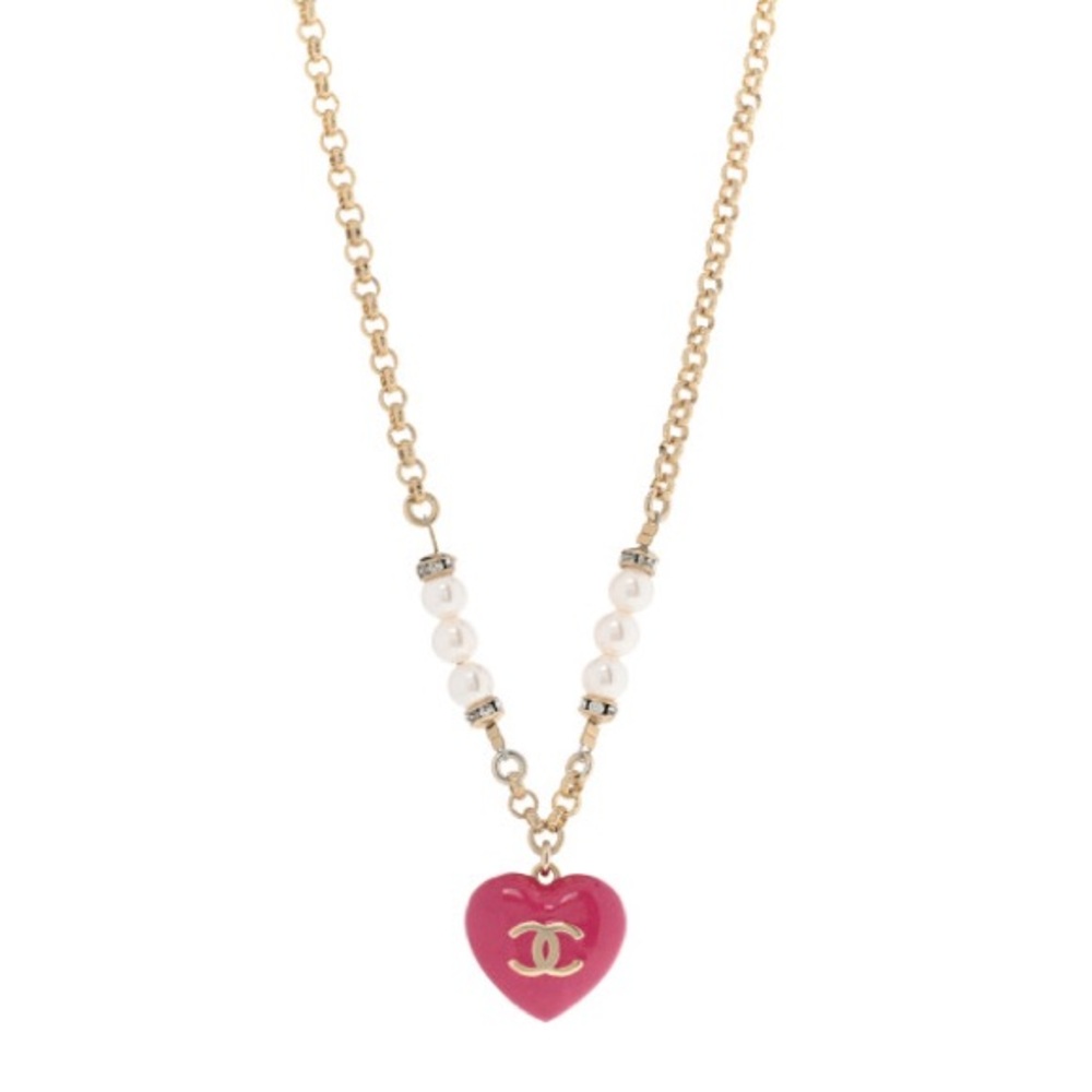 RESIN CRYSTAL PEARL CHAIN HEART CC DROP NECKLACE